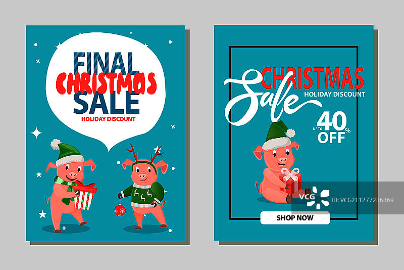 圣诞促销高达40%，节日折扣，蓝色雪花背景上的小猪祝福。戴着冬季帽子、毛衣和围巾的小猪，礼品盒。图片素材