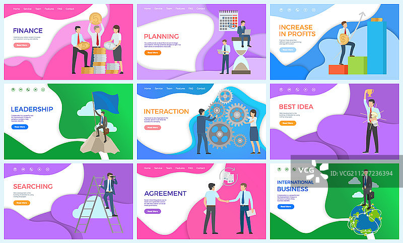 金融成就：商人工作场景矢量素材。搜索与互动，最佳创意协议，国际商务图片素材