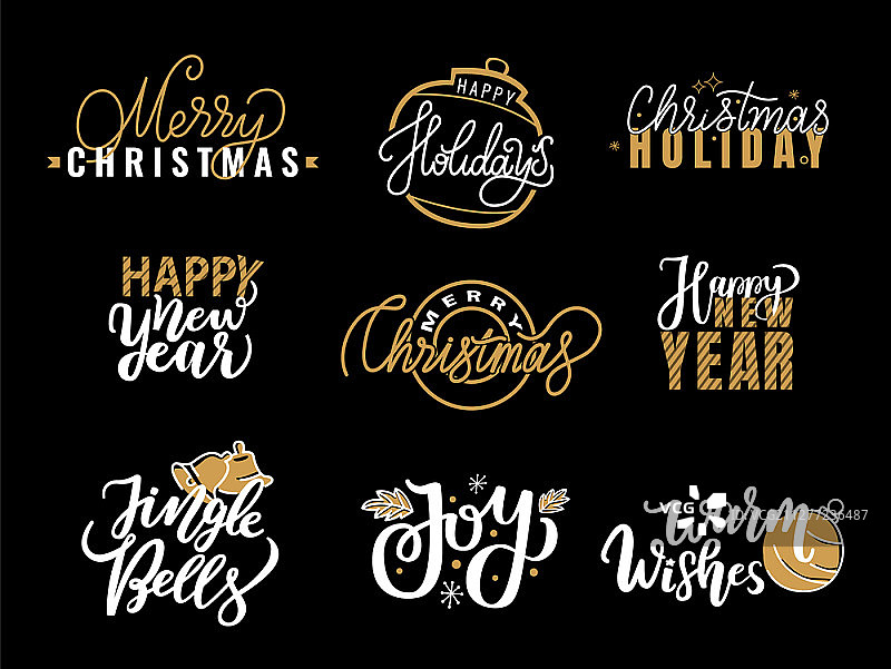 圣诞快乐，节日快乐，叮当铃和欢乐，手绘涂鸦字体贺卡矢量素材图片素材