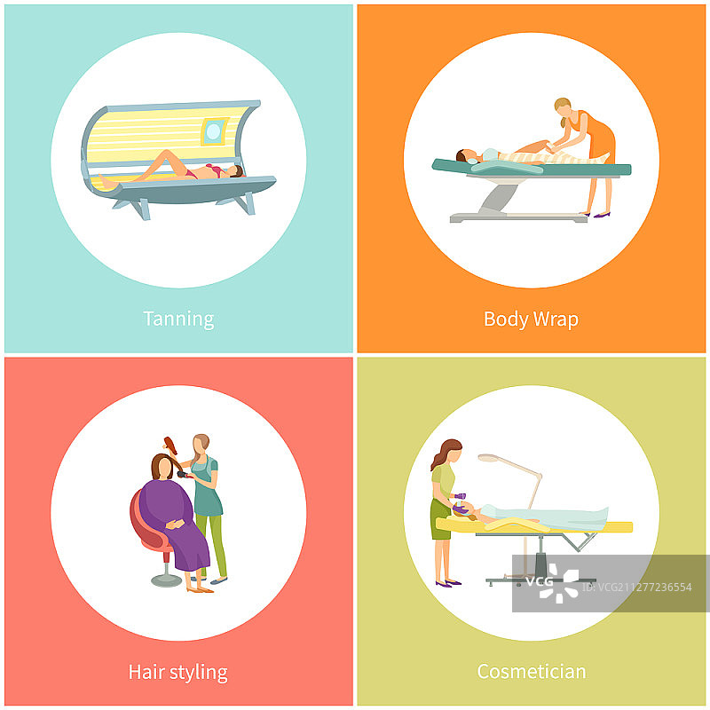 日光浴室水疗沙龙矢量图：身体裹敷排毒瘦身，美发师和美容师提供发型设计图片素材