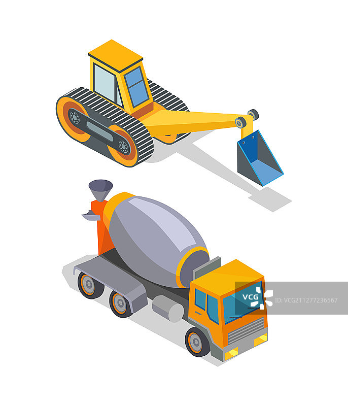水泥混凝土搅拌机和挖掘机工业机械矢量图标图片素材