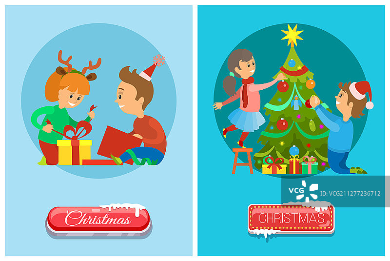 圣诞前夜，孩子们打开礼物装饰圣诞树矢量素材。女孩戴着驯鹿角配饰拆开礼物，贺卡，按钮。圣诞前夜孩子们打开礼物和圣诞树。图片素材