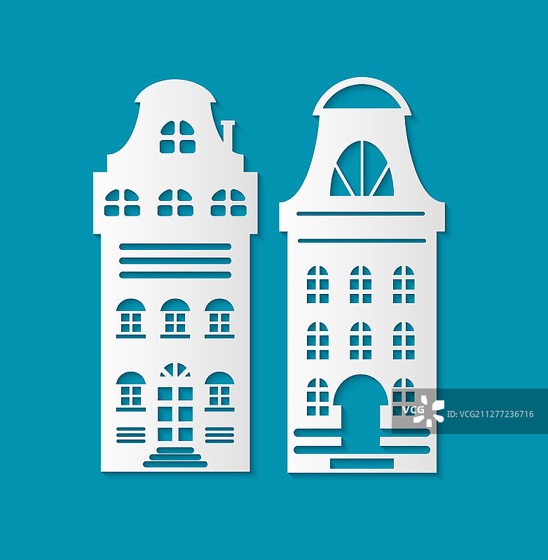 建筑剪影圣诞剪纸矢量图：具有复古屋顶和老式入口的房屋，冬季家居装饰图片素材