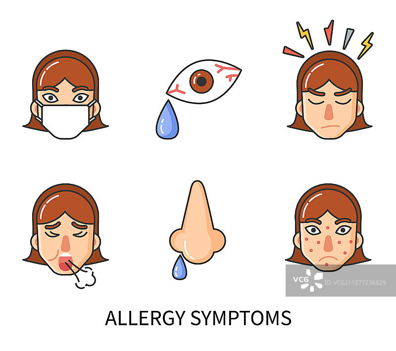 个人遭受疼痛的过敏症状孤立图标集矢量图。流鼻涕、皮疹面部皮肤、愤怒和咳嗽、泪滴。身体的敏感性。图片素材
