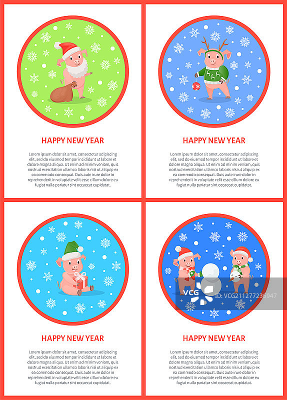 猪年新年快乐彩色图案明信片。小猪在彩色圆环上的不同形象与雪花。节日问候矢量扁平风格素材。猪年快乐彩色文字明信片矢量素材图片素材