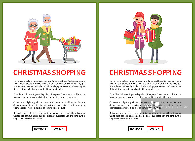 圣诞节购物，老年人推着装满礼物的购物车，网页设置矢量图。女性朋友们带着从超市买来的礼品盒走着。圣诞节购物，老年人与购物车页面图片素材