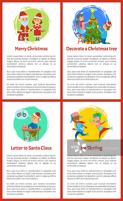 圣诞节冬季节日人物矢量素材：男孩给圣诞老人写信，孩子们在溜冰，父女装饰圣诞树图片素材