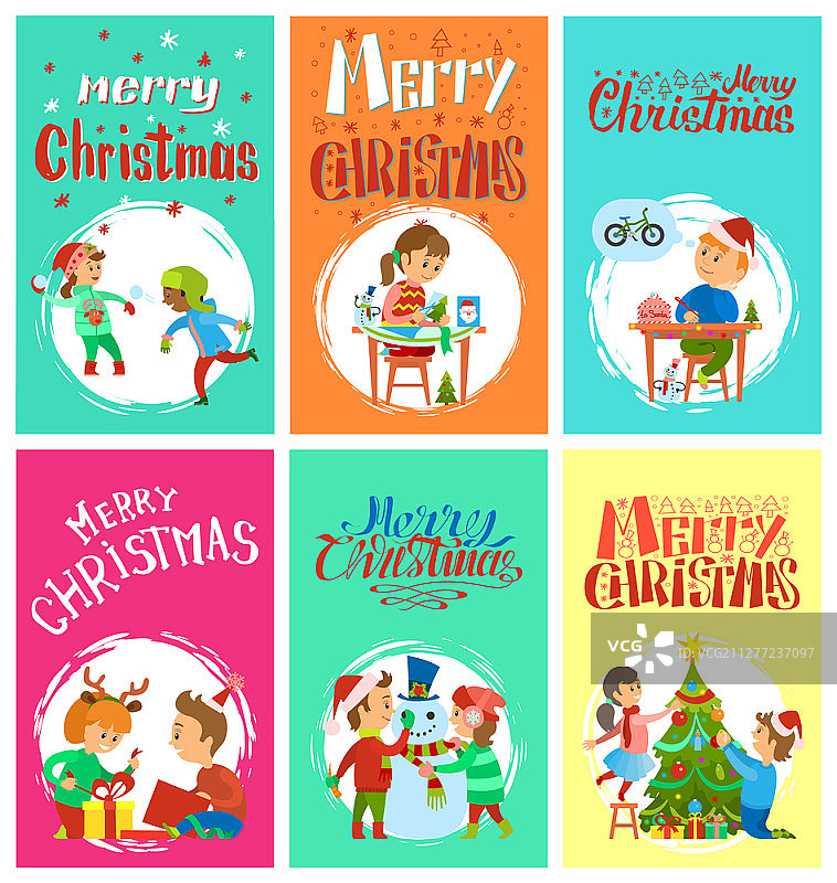 圣诞节冬季活动：儿童玩雪、制作礼物、写信和装饰树图片素材