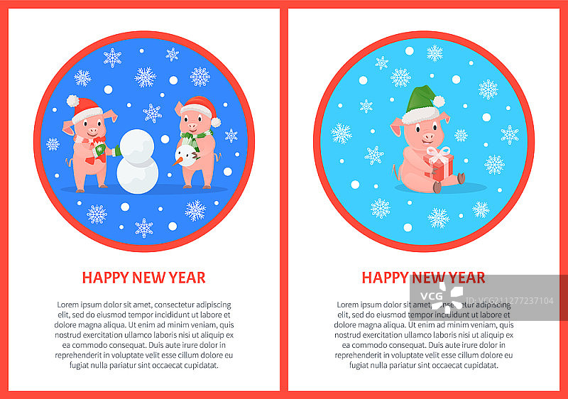 圆形框架中的新年快乐贺卡和文字。小猪在圣诞节堆雪人。小猪拿着礼物，冬季假期和户外活动，矢量图。圆形框架中的小猪新年快乐贺卡图片素材