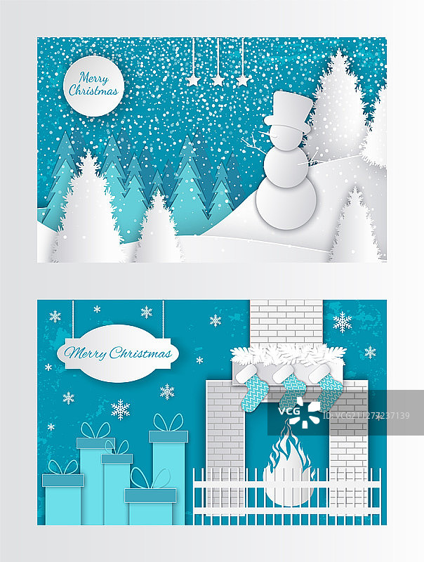 圣诞节剪纸贺卡：新年壁炉袜子礼物和雪人图片素材