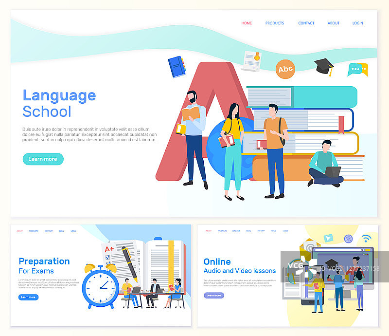 语言学校备考学生矢量图。在线音频和视频课程，通过笔记本电脑和现代技术获得帮助。语言学校，备考学生图片素材