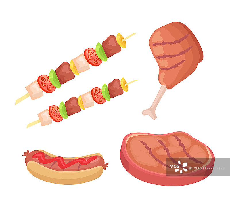 烤肉矢量图标：烤牛肉、鸡肉、蔬菜串、热狗等图片素材