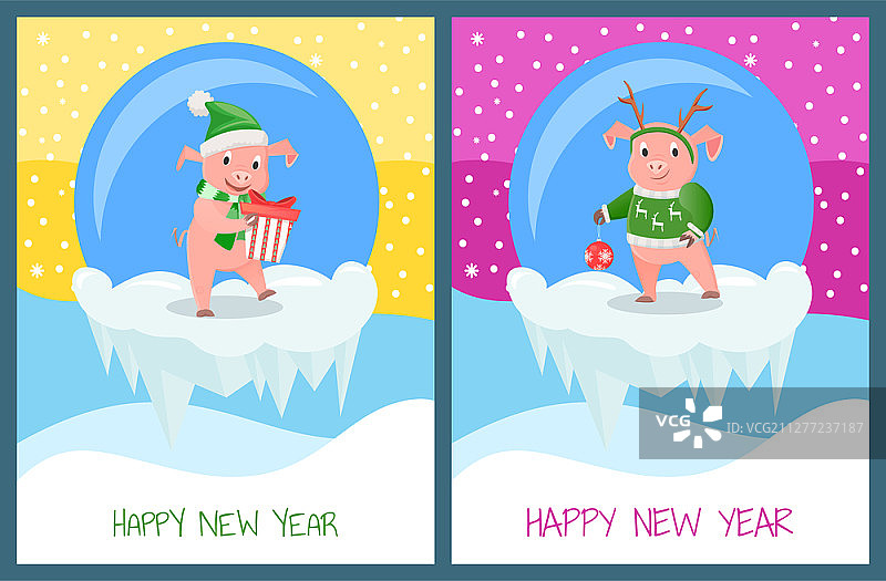 新年贺卡，冬季雪景中的小猪祝您节日快乐，圣诞快乐图片素材