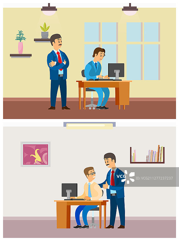 老板在笔记本电脑上监督新员工的工作效率，办公室工作矢量图。首席执行官赞扬新手并给予好评，主管给予表扬。图片素材