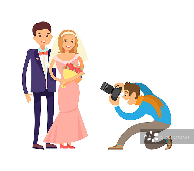 摄影师拍摄订婚仪式，幸福新人与摄像师矢量图图片素材