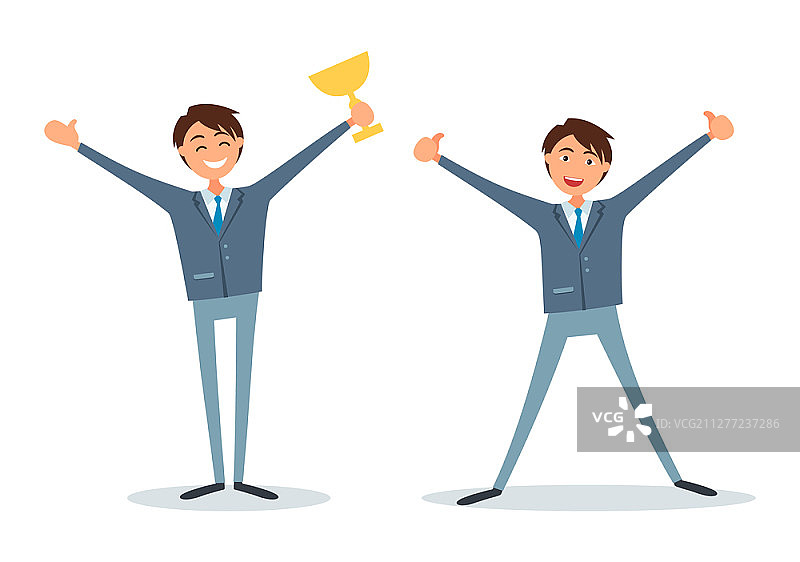 商务男士手持奖杯庆祝成功，获金奖认可图片素材