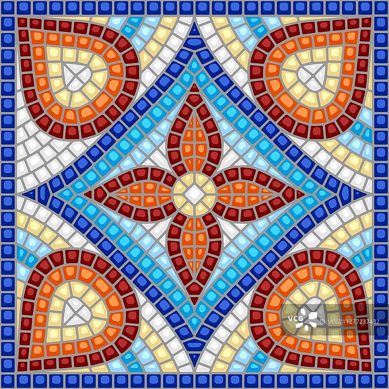 古代马赛克瓷砖图案，彩色镶嵌装饰，花卉装饰纹理图片素材