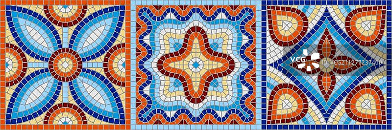 古代马赛克瓷砖图案，彩色镶嵌装饰，花卉装饰纹理图片素材