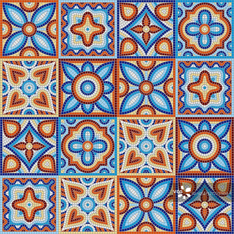 古代马赛克瓷砖图案，彩色镶嵌装饰，花卉装饰纹理图片素材