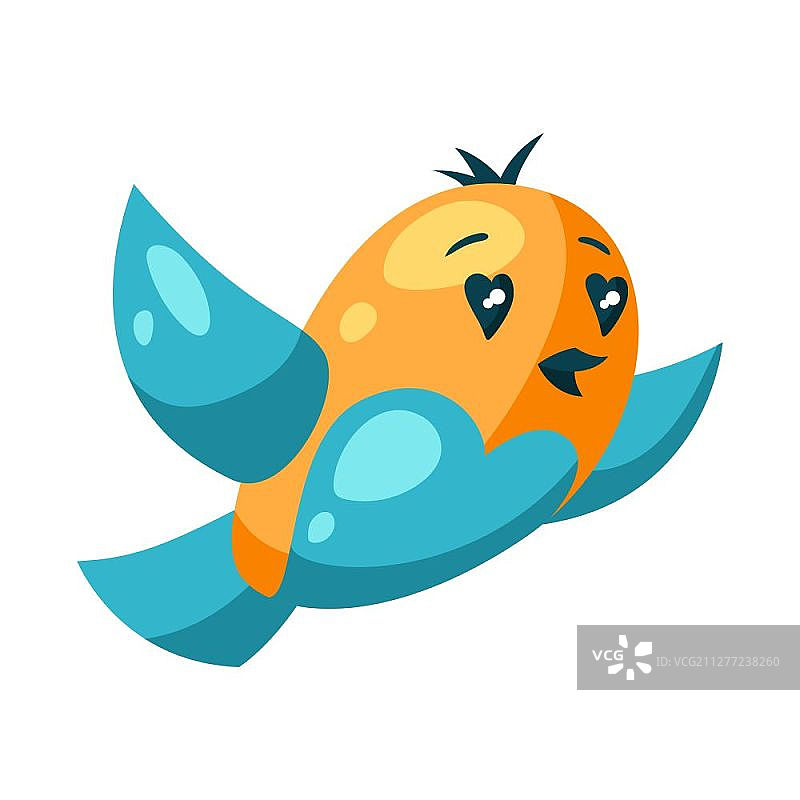 恋爱中的可爱小鸟插画。情人节符号。心形眼的卡哇伊角色。图片素材