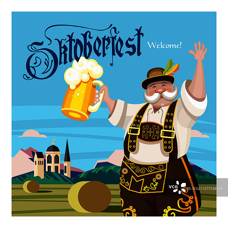 德国传统啤酒节，巴伐利亚风景背景下举着啤酒杯的德国男人矢量图图片素材