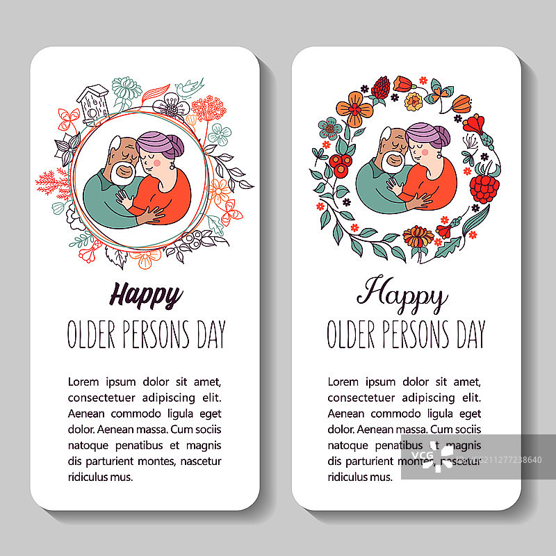 相伴一生的祖父母：老人节，家庭日，温馨矢量贺卡，幸福家庭的概念，在充满爱的亲人圈子里安享晚年图片素材
