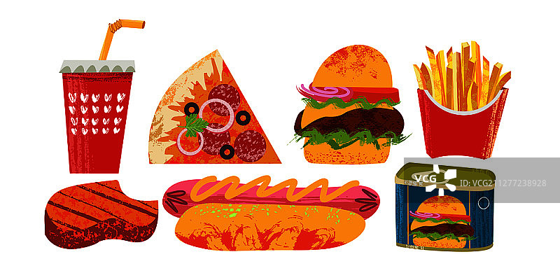 快餐食品合集。白色背景矢量素材。披萨、汉堡、热狗、牛排、可乐、炸薯条和火腿。美式食物。独特手绘矢量纹理。图片素材