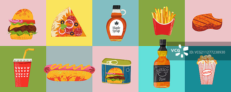 美式快餐和饮料元素合集（含手绘纹理），如披萨、汉堡、威士忌、热狗、牛排、炸薯条等图片素材
