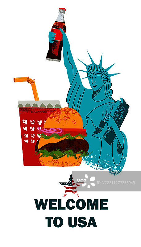 欢迎来到美国。自由女神像手持可乐的广告海报图片素材