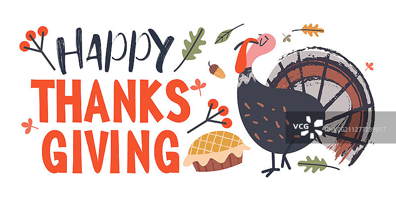 感恩节贺卡，庆贺banner，火鸡、秋叶、生日蛋糕、浆果和橡果矢量素材。感恩节快乐，节日banner矢量素材图片素材