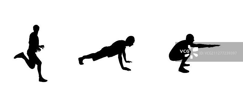 汽车贴纸：跑步者剪影，运动、俯卧撑、深蹲人物矢量插画，EPS10图片素材