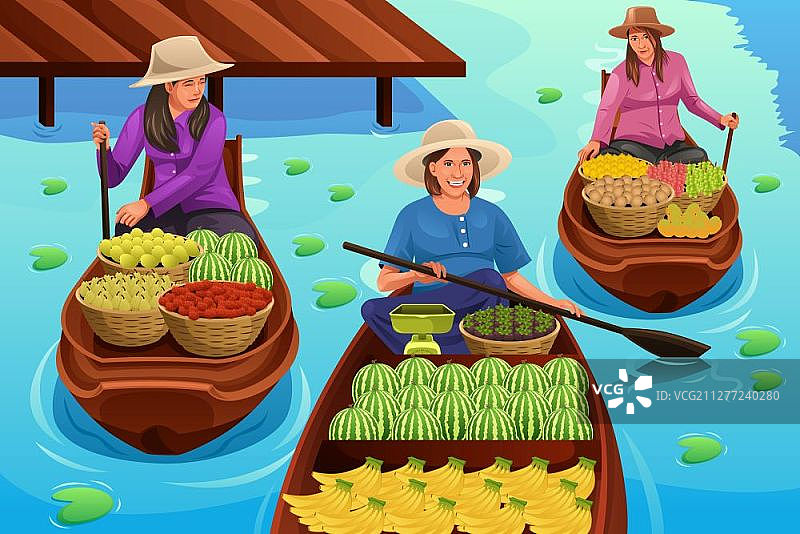 传统水上市场卖水果的女人矢量插画图片素材