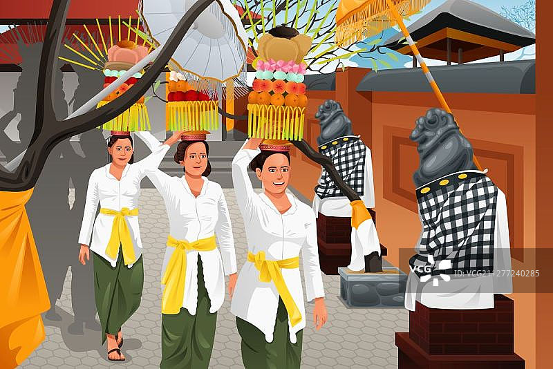 巴厘岛女性供奉水果礼物矢量插画图片素材