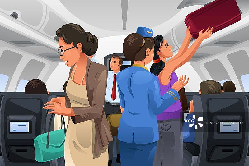 乘客将随身行李搬入机舱的矢量图图片素材