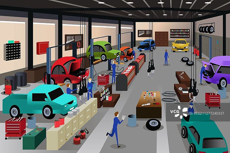 汽车修理店场景的矢量插画图片素材