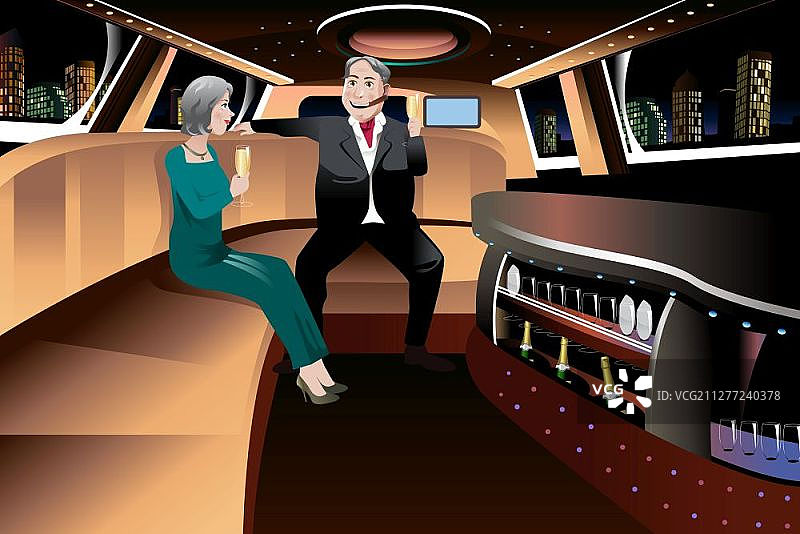 浪漫退休夫妇在豪华轿车中享用香槟矢量插画图片素材