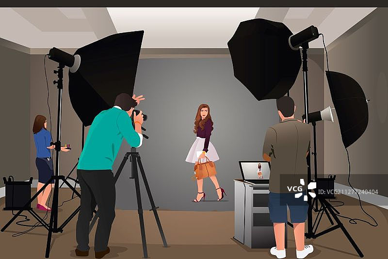 摄影师在工作室拍摄模特矢量插画图片素材