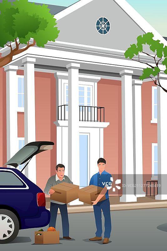 父亲帮助十几岁的儿子搬到新校区矢量图图片素材
