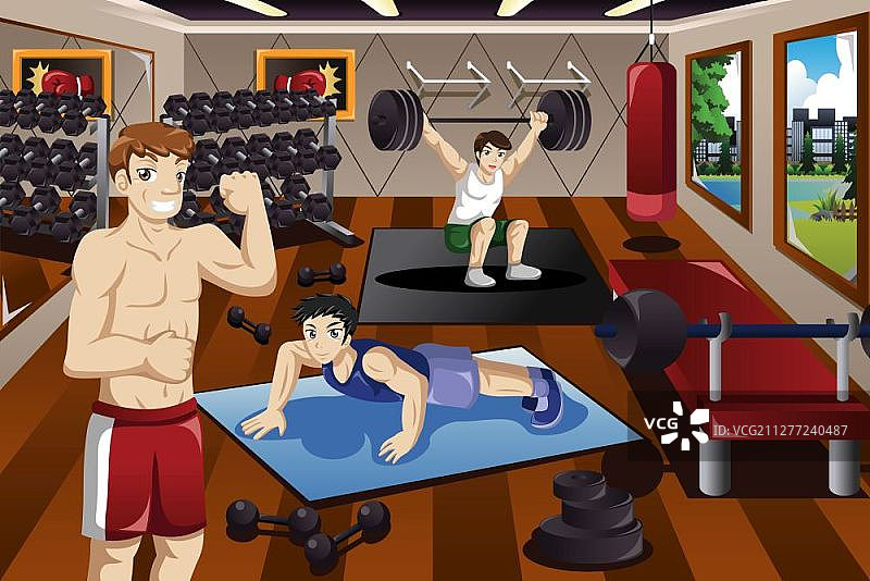 健身房里锻炼的人们矢量插画图片素材