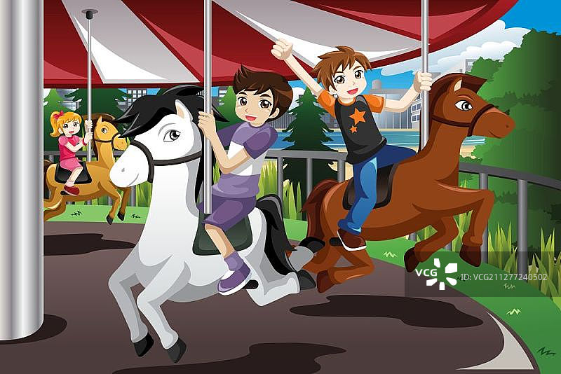 快乐的孩子们在游乐园里骑旋转木马矢量插画图片素材