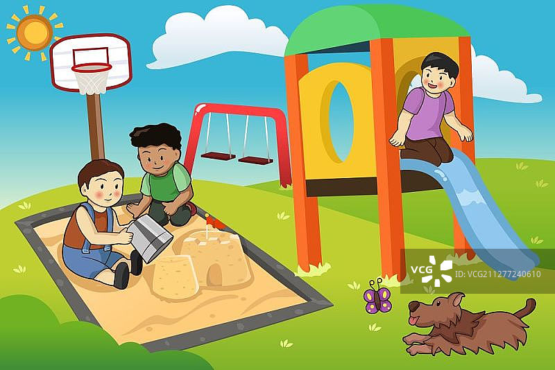 孩子们在操场上玩耍的矢量插画图片素材