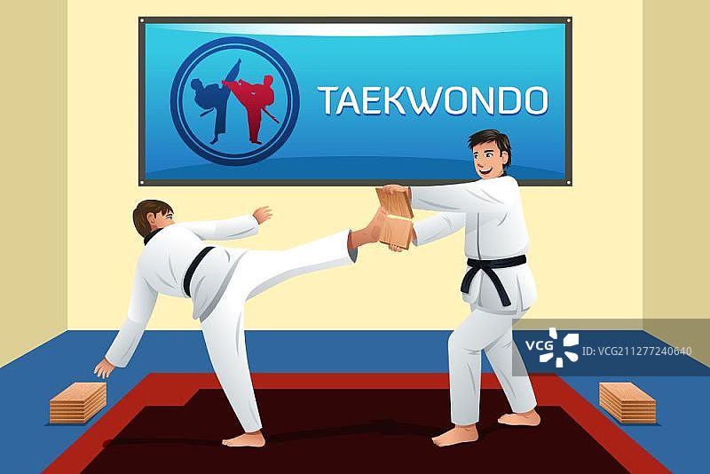 人们在道场练习跆拳道矢量插画图片素材