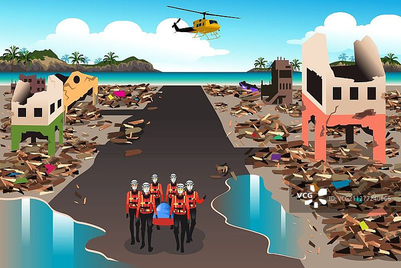 海啸期间搜寻被毁建筑物的救援队矢量插画图片素材