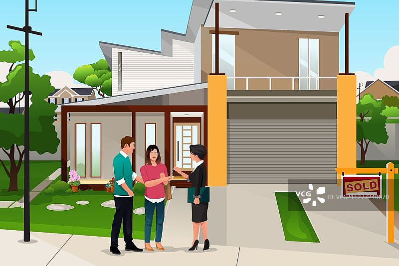 房地产经纪人向夫妇递交钥匙矢量插画图片素材
