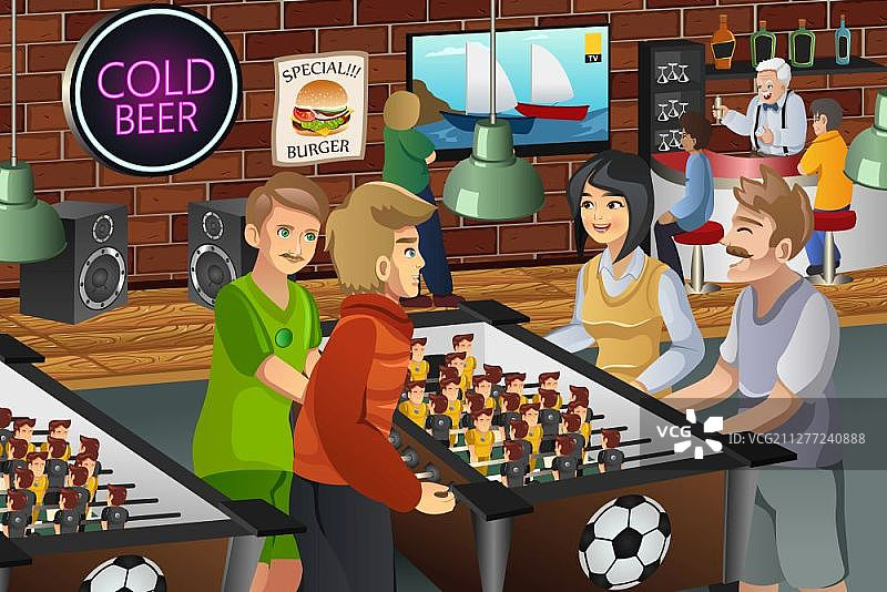 在酒吧玩桌上足球的年轻人矢量插画图片素材