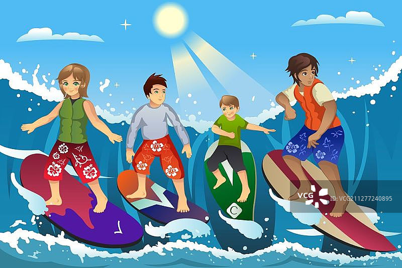 在海浪上冲浪的冲浪者矢量插画图片素材