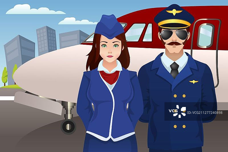 飞行员和空乘人员在飞机前2.5D矢量插画图片素材