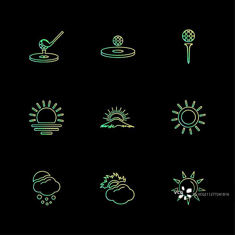 天气、体育、气候、高尔夫、太阳、球、高尔夫球棒、击球、射击、夏季、雪、云、雨、山丘、球车、球童、球位标志、图标、矢量、设计、扁平风格、创意图标合集图片素材