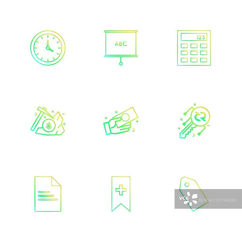 时钟、ABC图表、计算器、标签、钥匙、斧头、钱、纸、丝带、图标矢量设计扁平风格创意图标合集图片素材