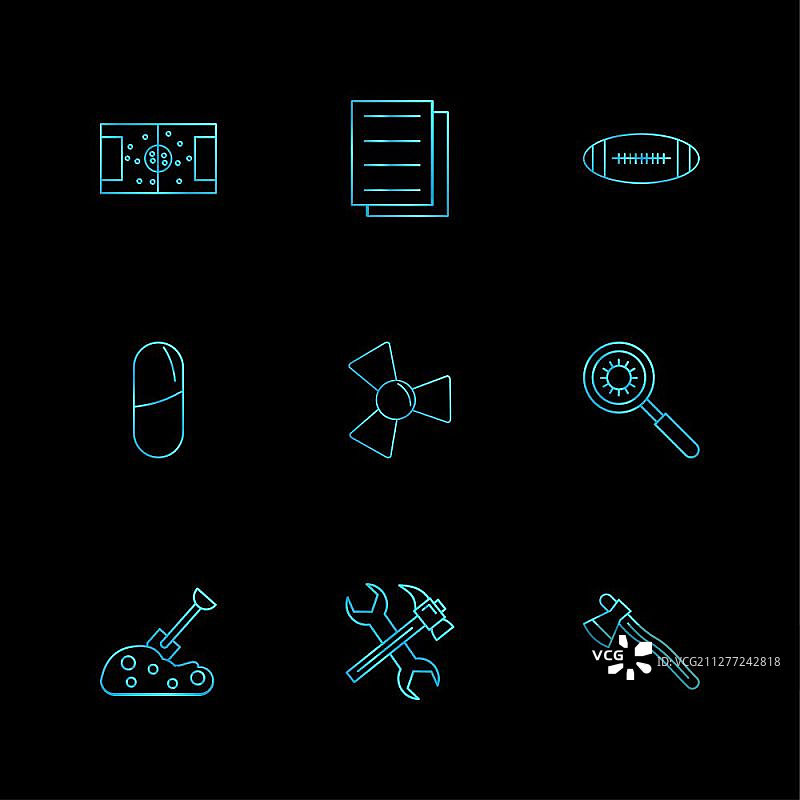 足球场、文档、橄榄球、搜索、斧头、医药、铲子、球迷、锤子、扳手、图标、矢量、设计、扁平、合集、风格、创意图标图片素材